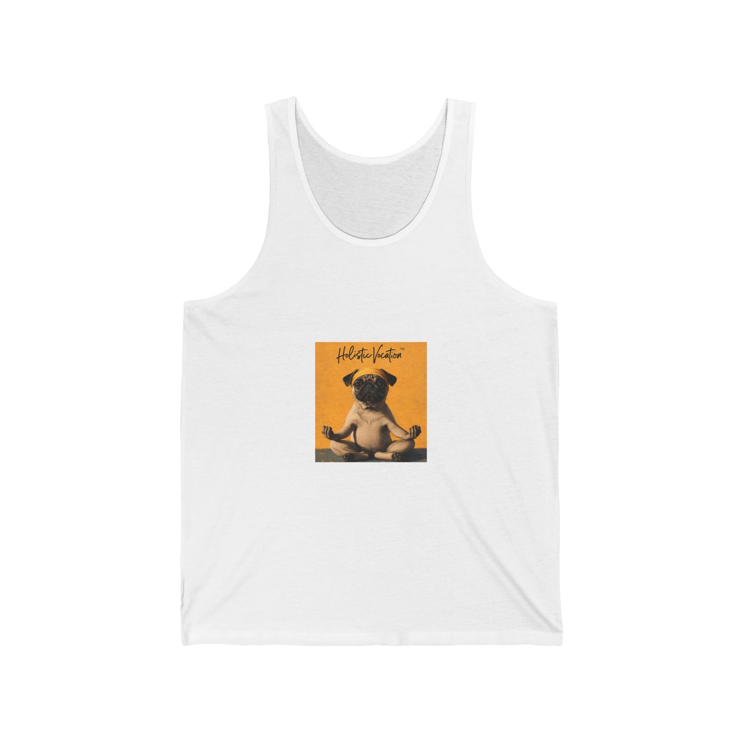 Honor your vocation Pug Meditation Tank Top — "Hello, Happiness" Graphic Cotton Jersey Tank
