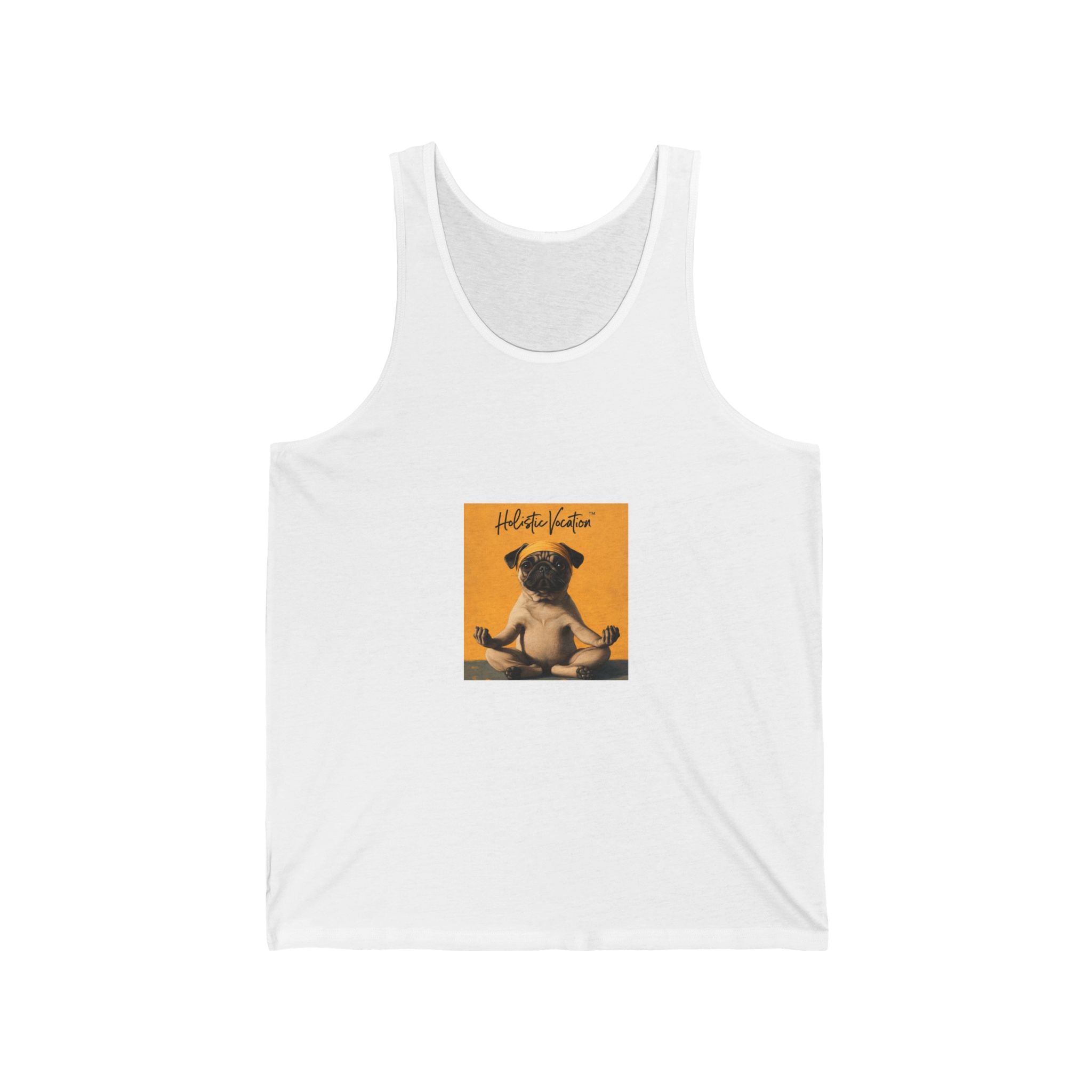 Honor your vocation Pug Meditation Tank Top — "Hello, Happiness" Graphic Cotton Jersey Tank