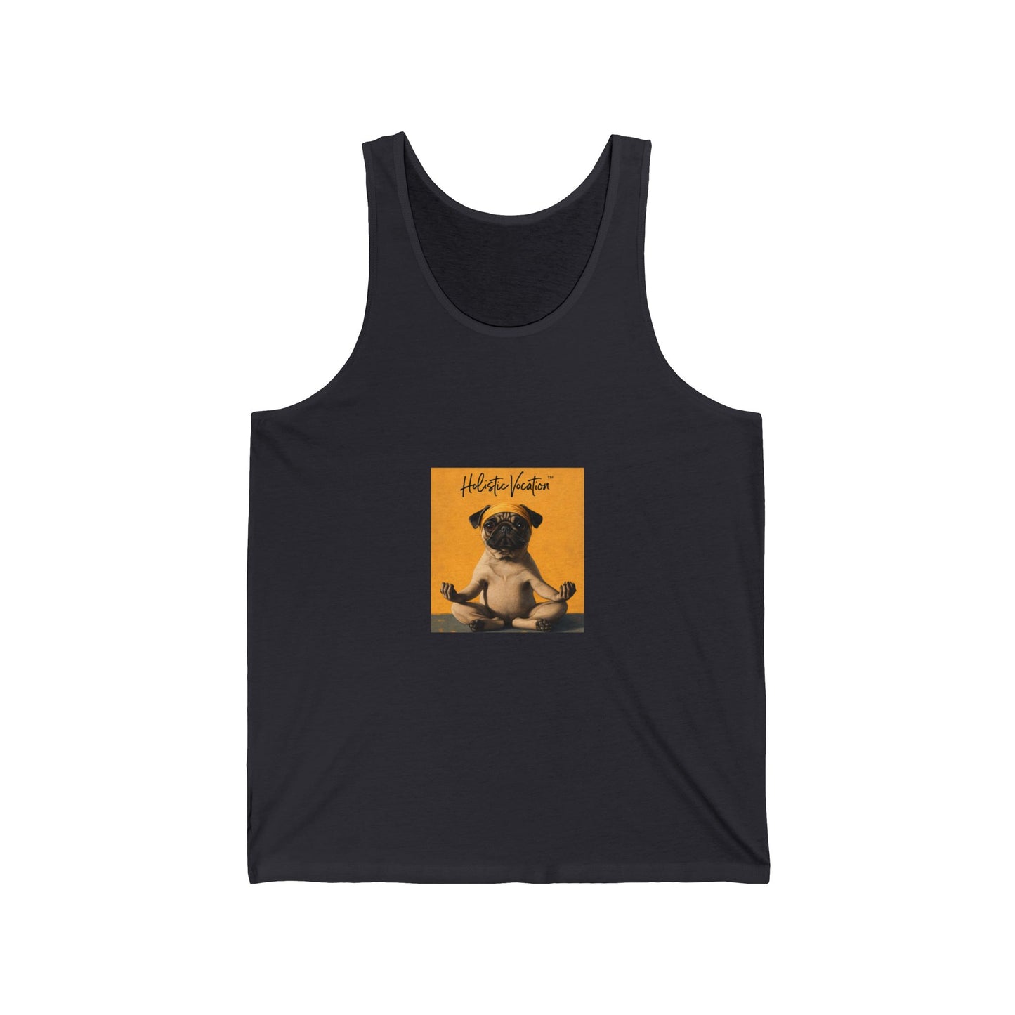 Honor your vocation Pug Meditation Tank Top — "Hello, Happiness" Graphic Cotton Jersey Tank