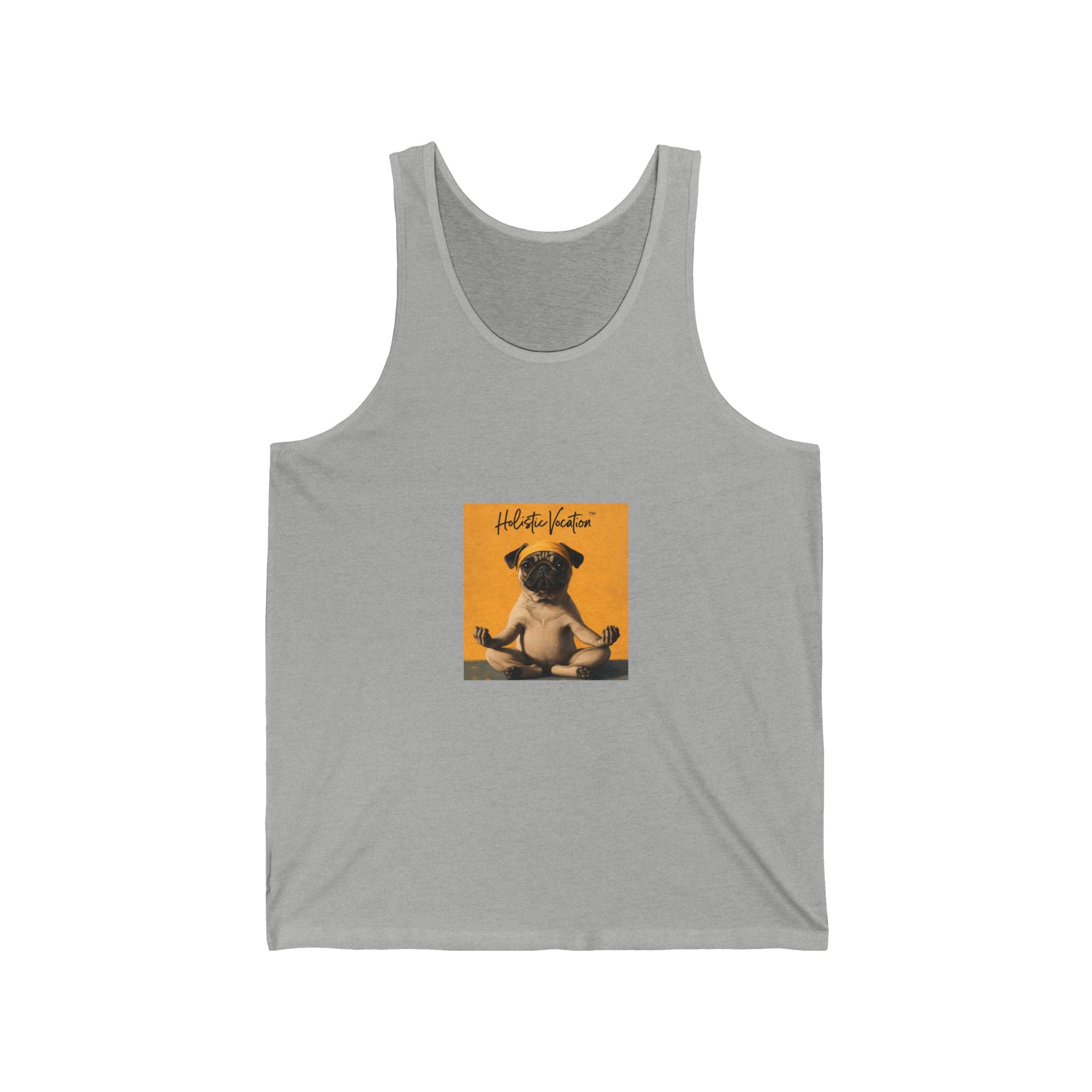 Honor your vocation Pug Meditation Tank Top — "Hello, Happiness" Graphic Cotton Jersey Tank